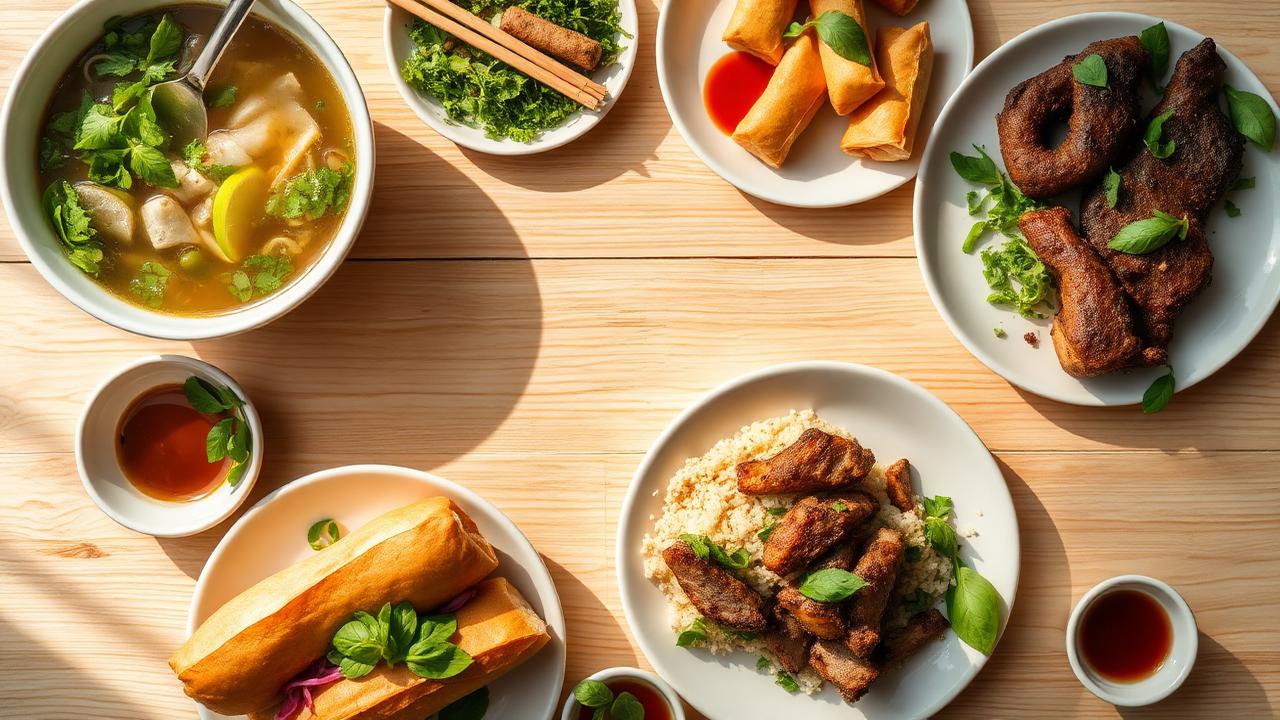 A colorful spread of Vietnamese dishes including phở, spring rolls, and bánh mì.
